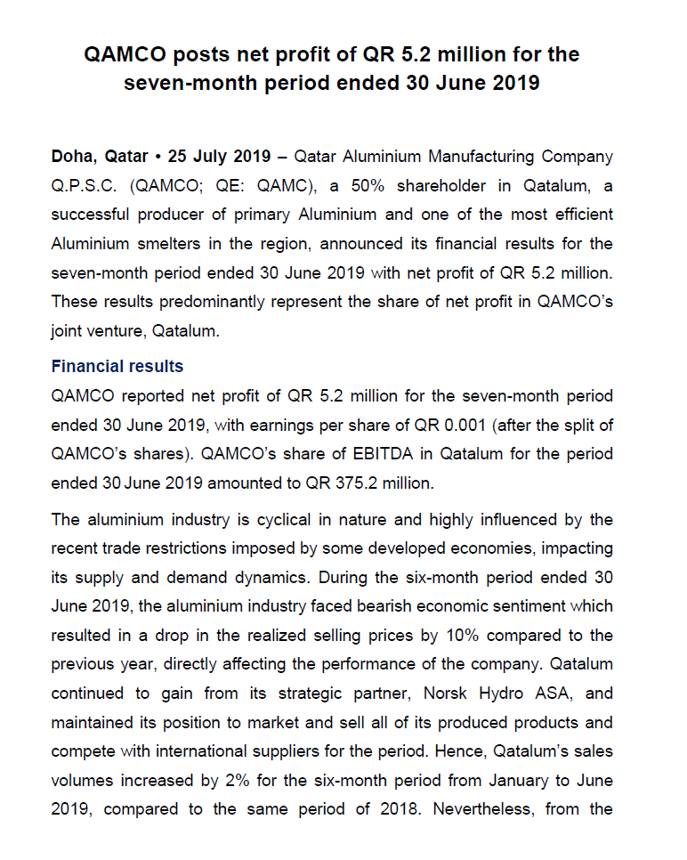 QAMCO posts net profit of QR 5.2 million for the seven-month period ended 30 June 2019