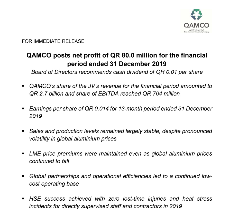 QAMCO posts net profit of QR 80.0 million for the financial period ended 31 December 2019